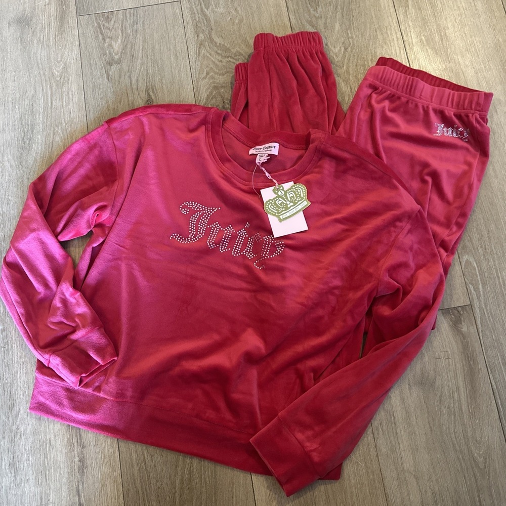 Juicy Couture Velour 2pc Tracksuit Set L RED Bling Logo‎ Sweatshirt Joggers NWT